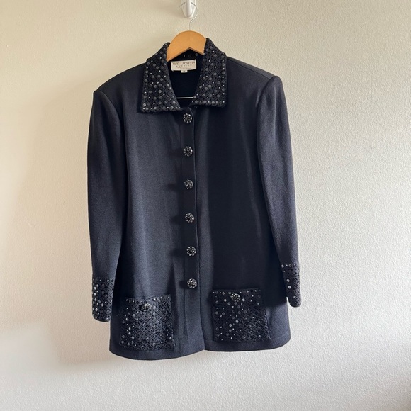 St John by Marie Gray Black Embellished Sequin Rhinestone Blazer Jacket size 14 - Picture 2 of 8